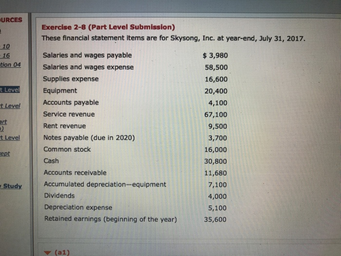  URCES Exercise 2-8 (Part Level Submission) These financial statement items are