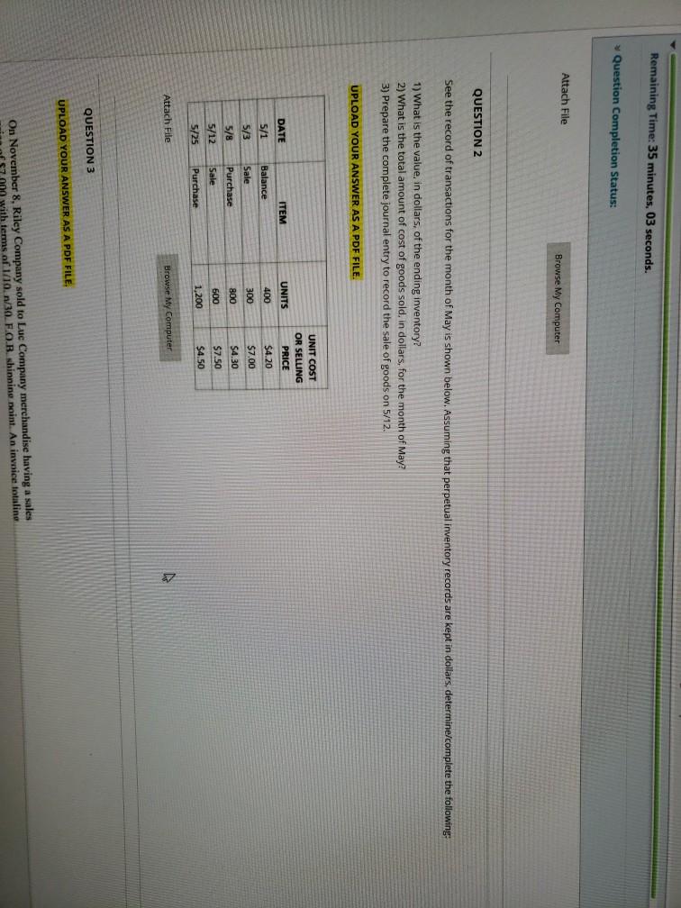  Remaining Time: 35 minutes, 03 seconds. Question Completion Status: Attach File