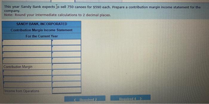Suppose Sandy Bank sells its canoes for $590 each. Calculate the contribution