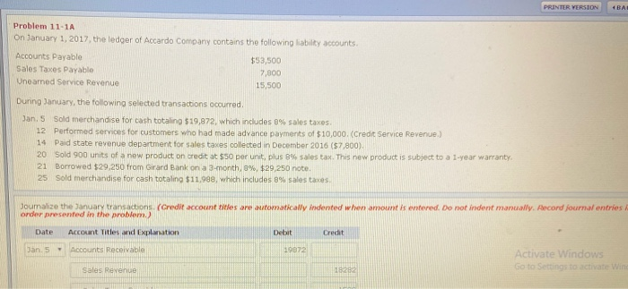  PRINTER VERSION BA Problem 11-1A On January 1, 2017, the ledger