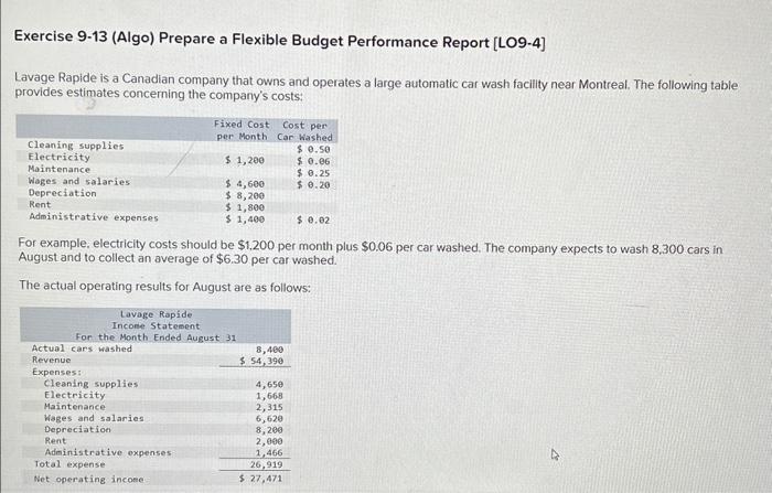  Exercise 9-13 (Algo) Prepare a Flexible Budget Performance Report [LO9-4] Lavage