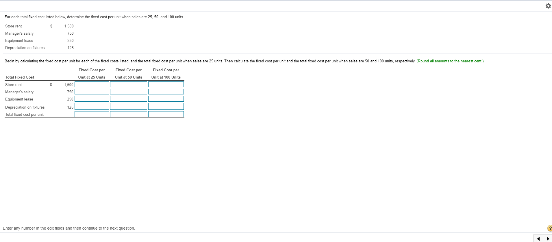 For each total fixed cost listed below, determine the fixed cost