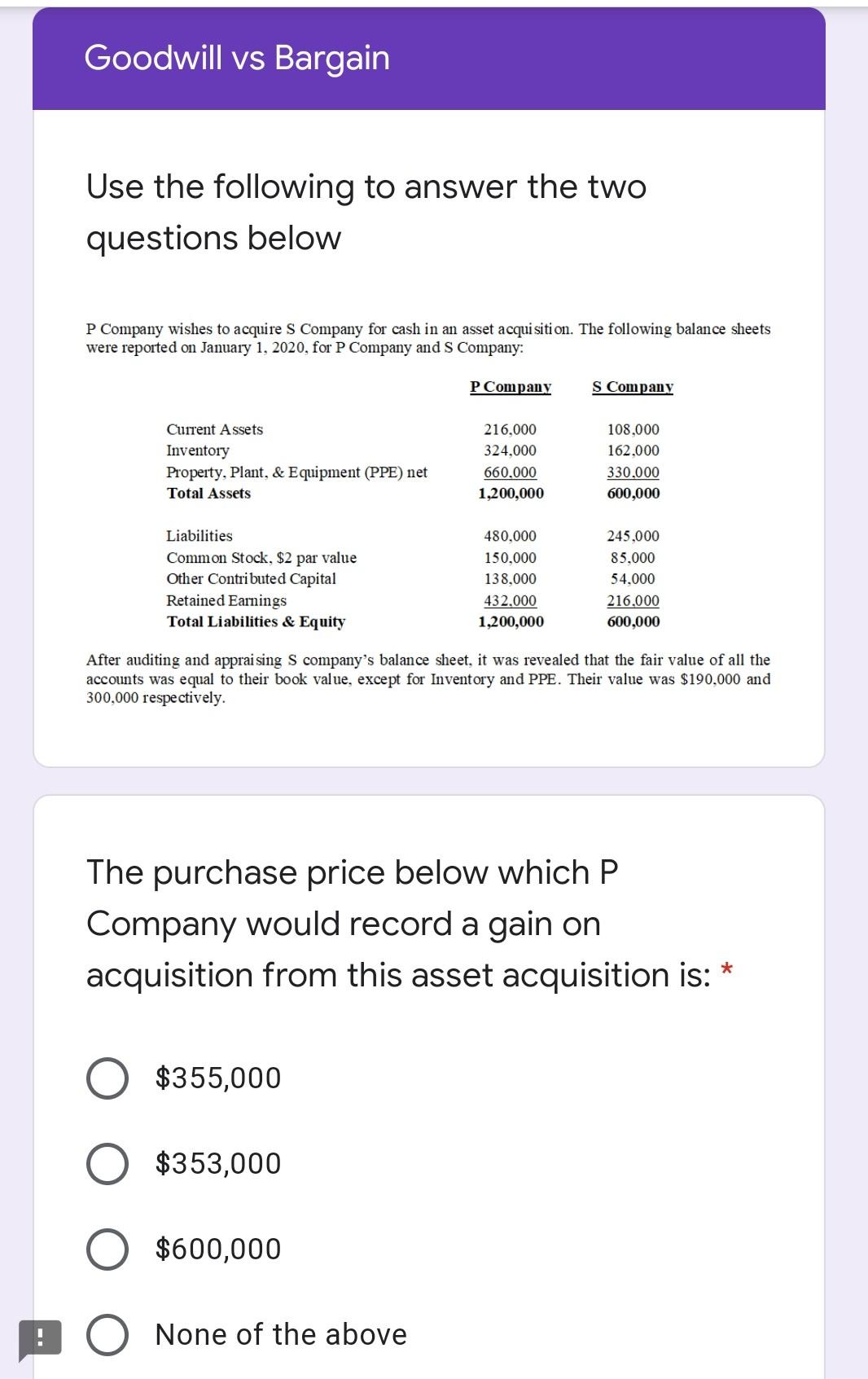 Goodwill vs Bargain Use the following to answer the two questions