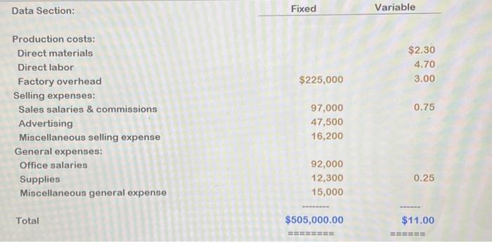 I need help with the last three questions. Data Section: Fixed Variable