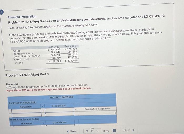  help! Required information Problem 21-4A (Algo) Break-even analysis, different cost structures,