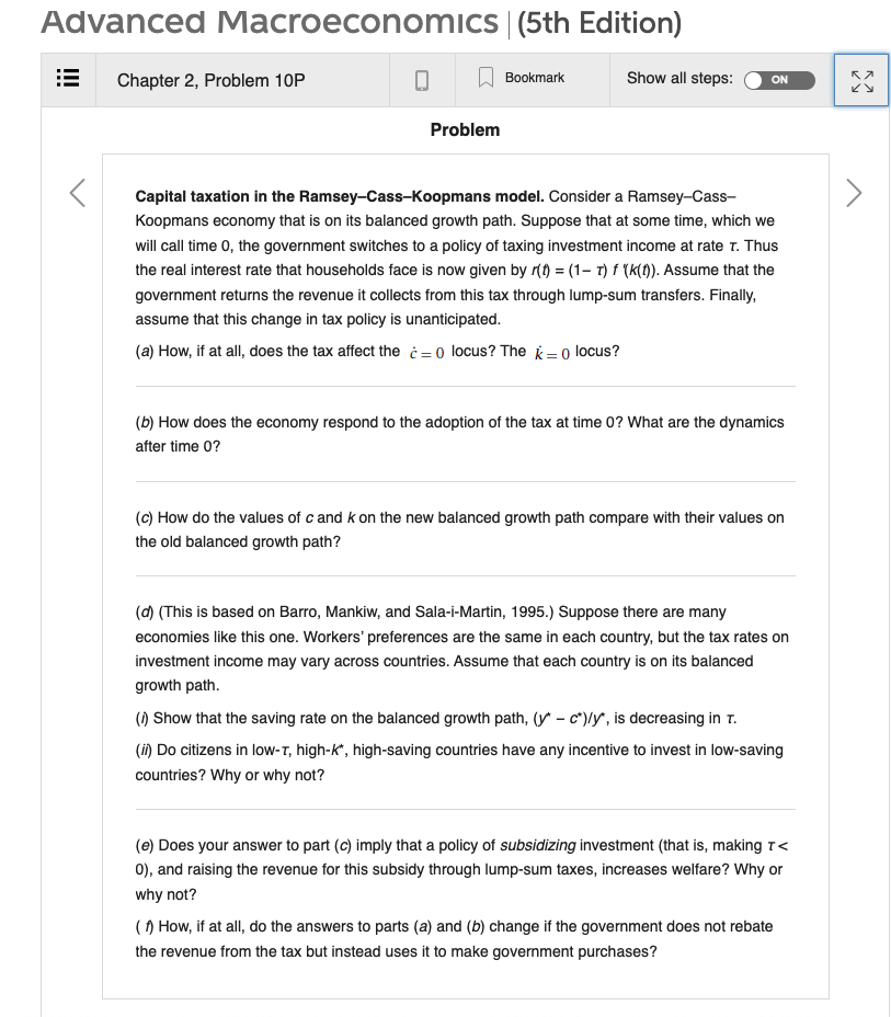  Advanced Macroeconomics (5th Edition) Chapter 2, Problem 10P Bookmark Show all