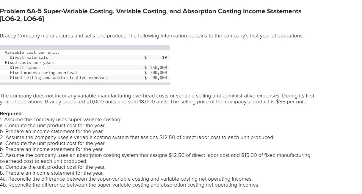  Problem 6A-5 Super-Variable Costing, Variable Costing, and Absorption Costing Income Statements