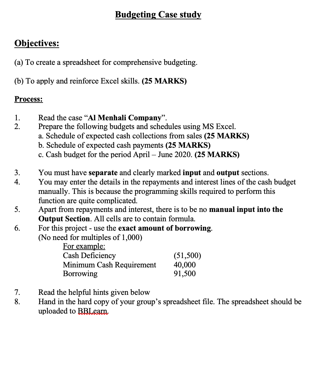 Budgeting Case study Objectives: (a) To create a spreadsheet for comprehensive