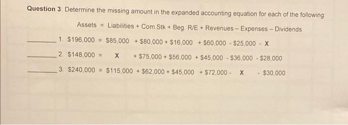  Question 3. Determine the missing amount in the expanded accounting equation