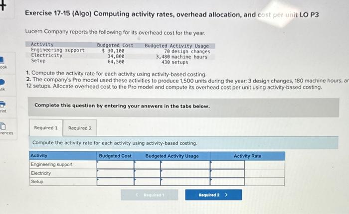  Exercise 1715 (Algo) Computing activity rates, overhead allocation, and cost per