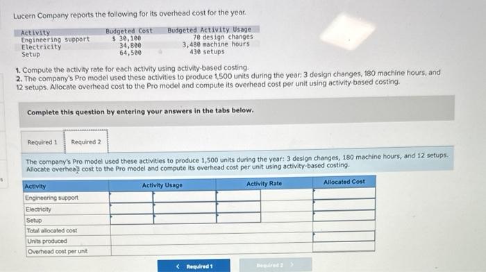 unit LO P3 Lucern Company reports the following for its overhead cost
