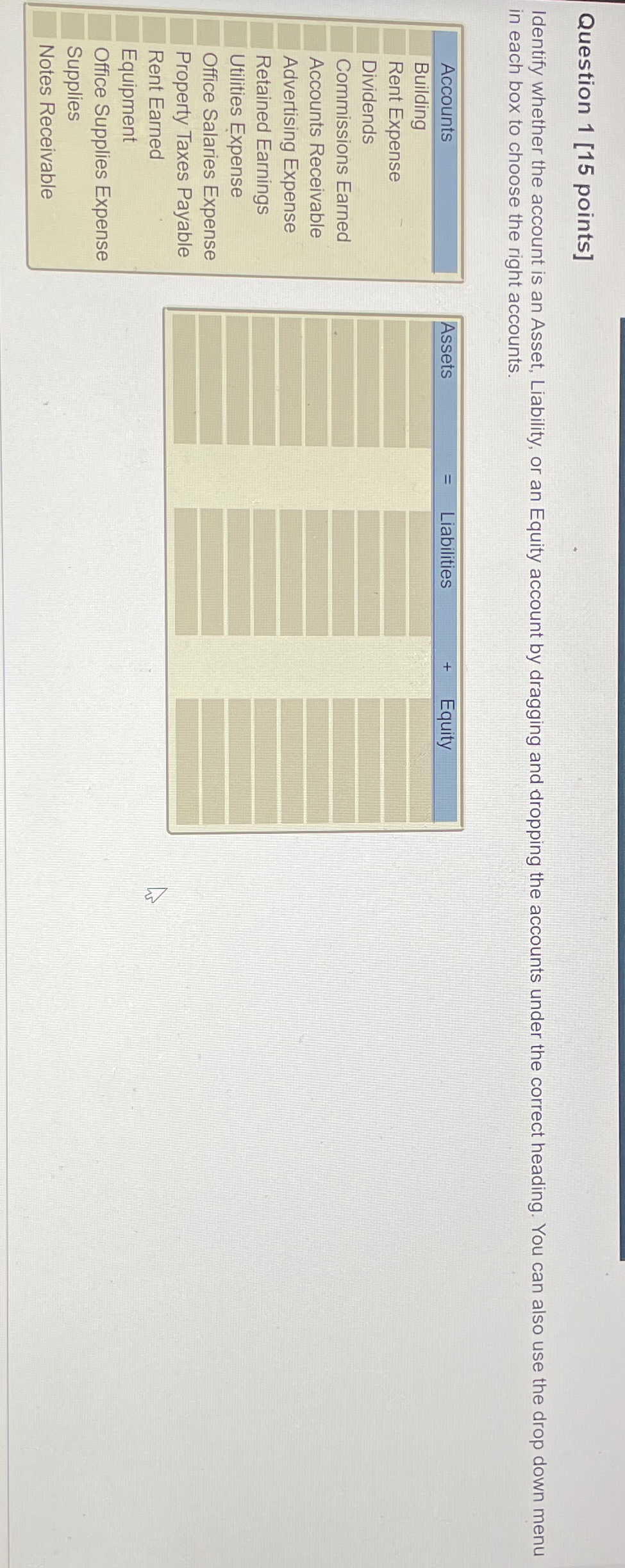  Question 1[15 points] Identify whether the account is an Asset, Liability,