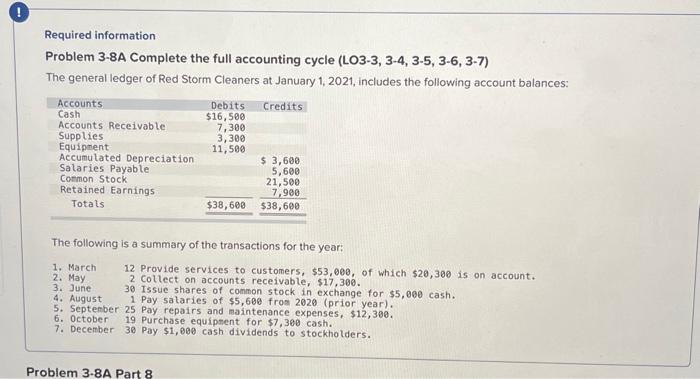  Required information Problem 3-8A Complete the full accounting cycle (LO3-3, 3-4,