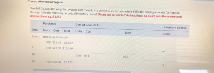  Current Attempt in Progress Sandhill Co. uses the weighted average cost
