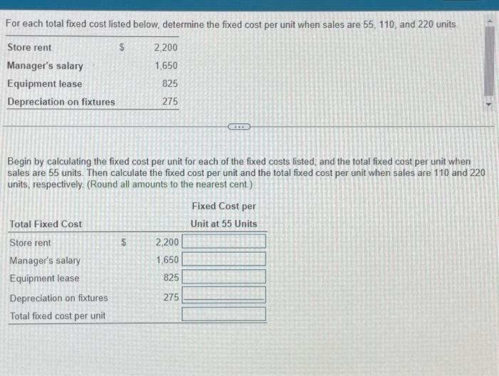  For each total fixed cost listed below, determine the fixed cost