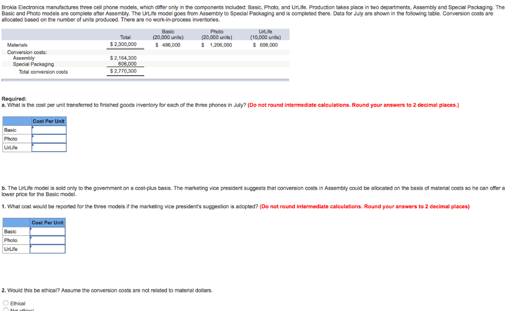 Brokia Electronics manufactures three cell phone models, which differ only in