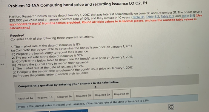  Problem 10-1AA Computing bond price and recording issuance LO C2, P1