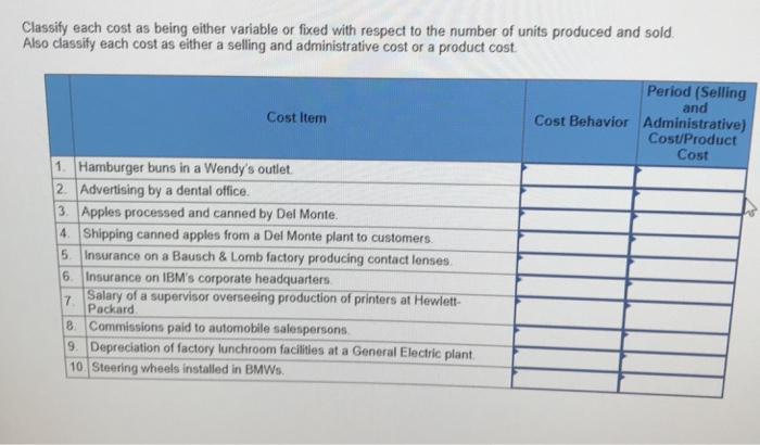  Plz write in the format ! Classify each cost as being