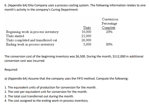  6. (Appendix 6A) Dita Company uses a process costing system. The
