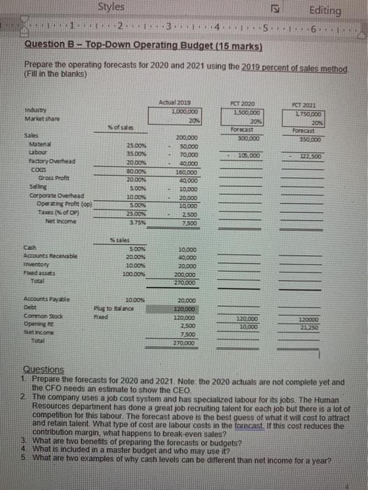  12 Styles Editing 12:34 5.6 Question B - Top-Down Operating Budget