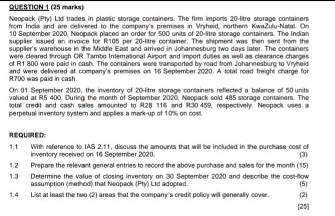 MAC1501 QUESTION 1 QUESTION 1 (25 marks) Neopack (Pty) Ltd trades