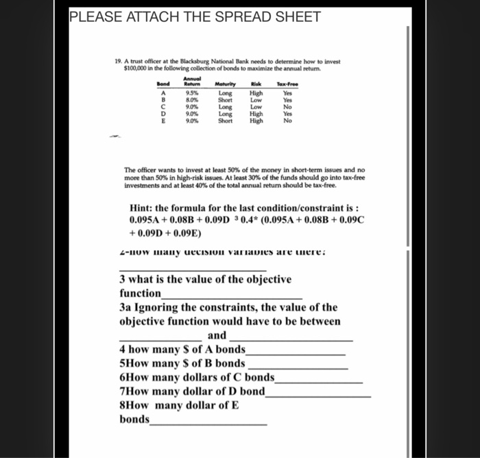  PLEASE ATTACH THE SPREAD SHEET 19. A trust officer at the