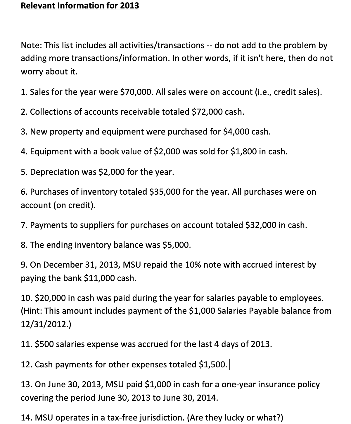 MSU Corporation as well as a narrative of transactions that occurred during