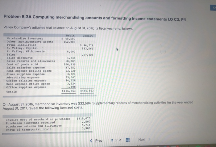  CH Problem 5-3A Computing merchandising amounts and formatting income statements LO