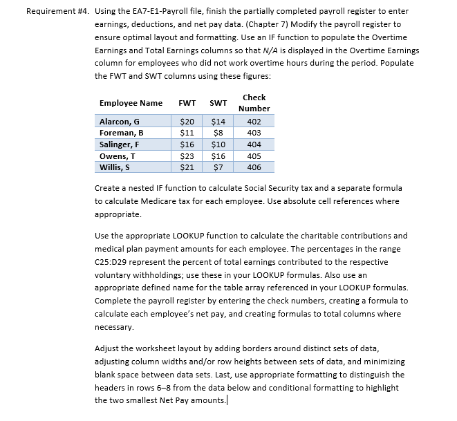 Please include any formulas Using the EA7-E1-Payroll file, finish the partially completed