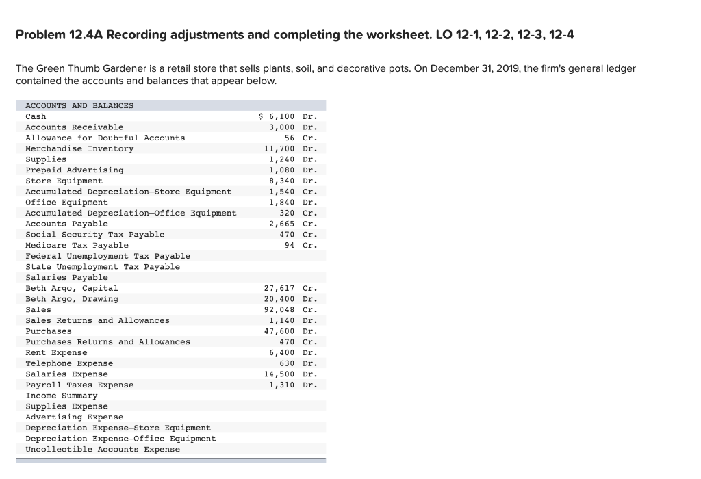 Problem 12.4A Recording adjustments and completing the worksheet. LO 12-1, 12-2,