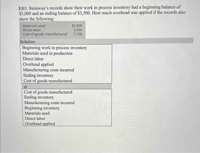  EB5. Steinway's records show their work in process inventory had a