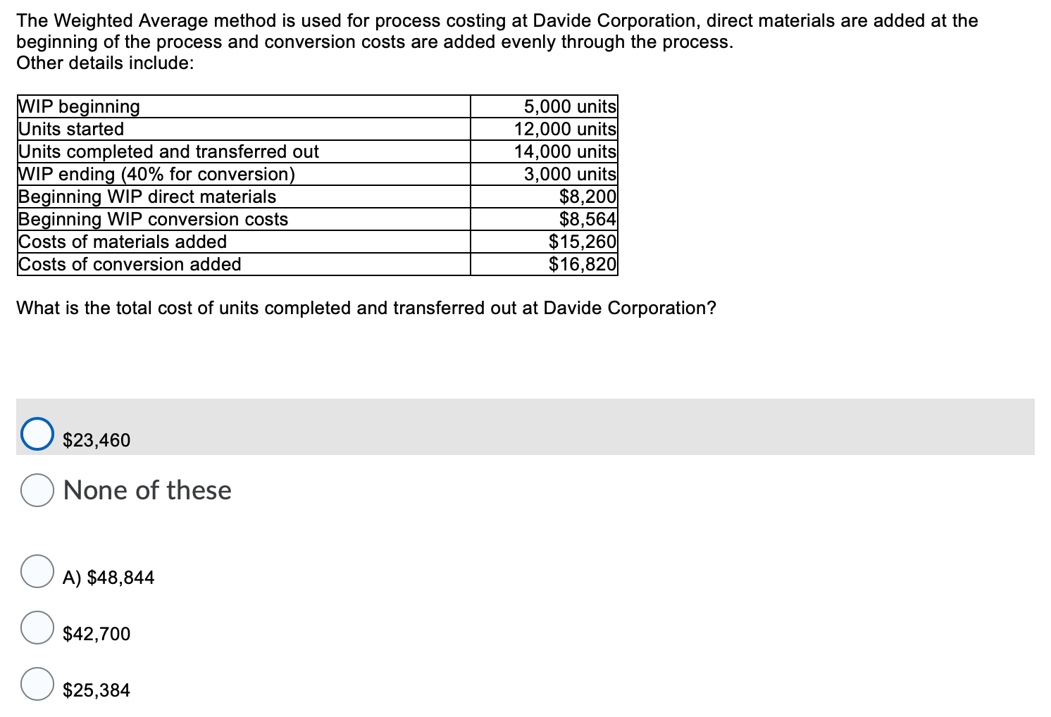 indirect costs will be allocated to the Mossman job? $240 $420 None