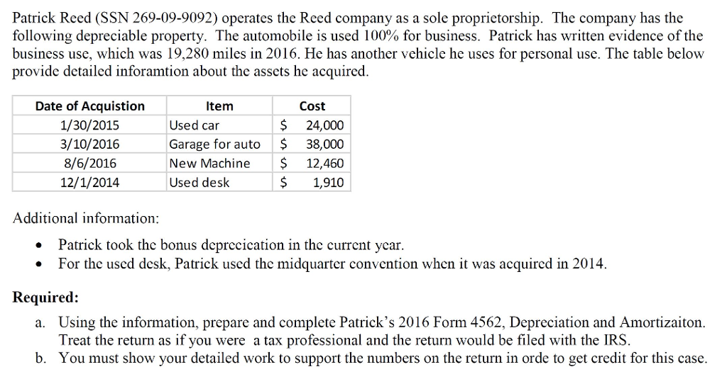  Please help with this case .... Thanks Patrick Reed (SSN 269-09-9092)