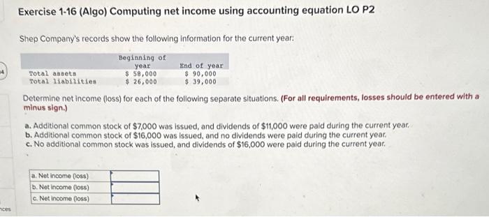  Exercise 1-16 (Algo) Computing net income using accounting equation LO P2