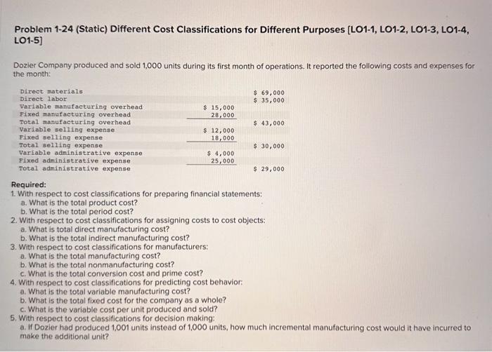  Problem 1-24 (Static) Different Cost Classifications for Different Purposes [LO1-1, LO1-2,