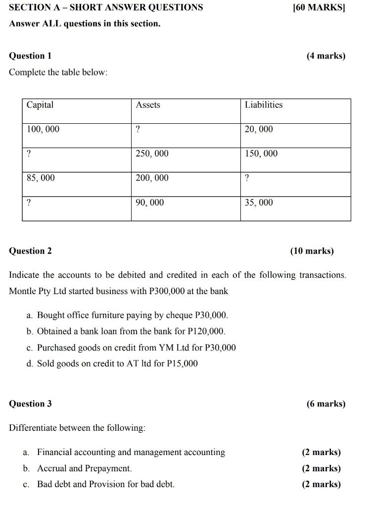  Question 1 (4 marks) Complete the table below: Question 2 (10