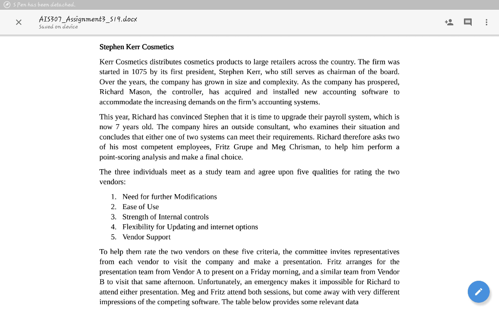  SPen has been deta.ched AIS307_Assignment3 S19.docx X Saved on device Stephen