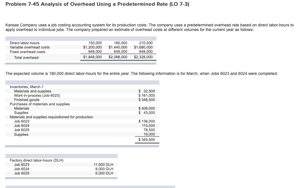  Problem 7-45 Analysis of Overhead Using a Predetermined Rate (LO 7-3)