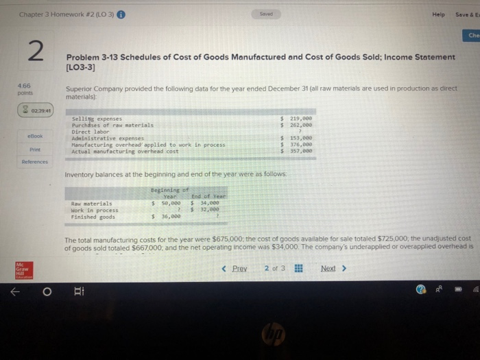  Chapter 3 Homework #2 (LO 3) Help Save & Ex Che