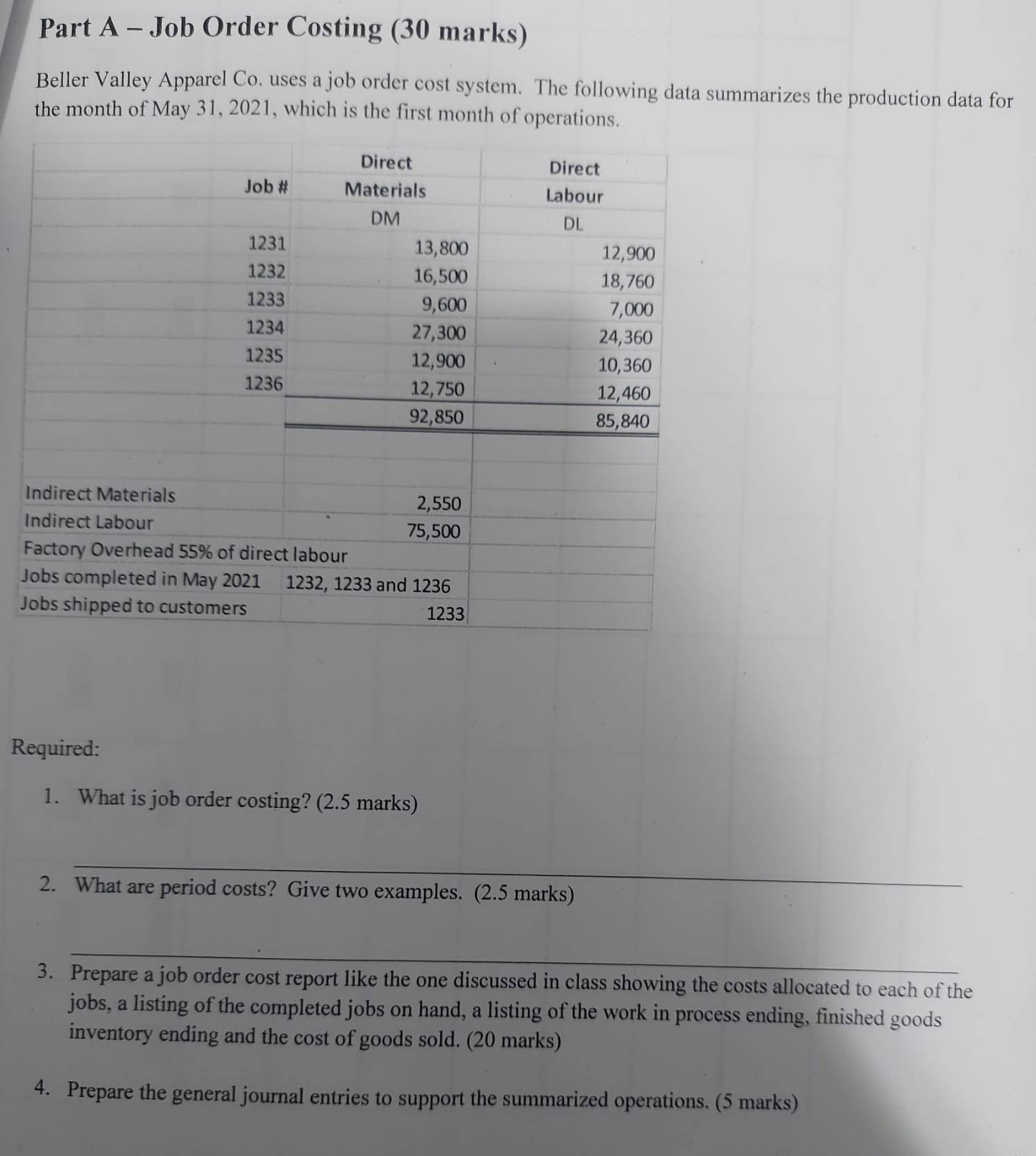  Part A - Job Order Costing (30 marks) Beller Valley Apparel