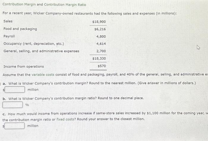  Contribution Margin and Contribution Margin Ratio For a recent year, Wicker