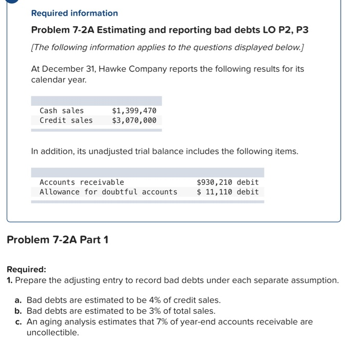  Required information Problem 7-2A Estimating and reporting bad debts LO P2,