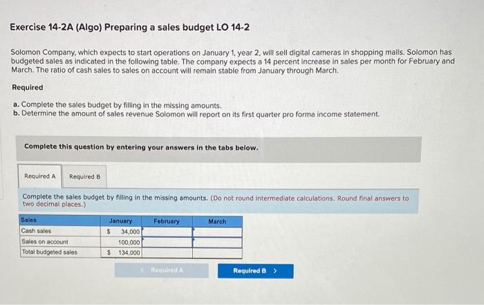 2 part question Exercise 14-2A (Algo) Preparing a sales budget LO