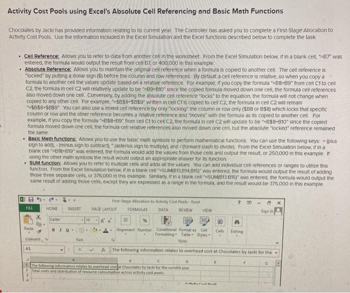  Activity Cost Pools using Excel's Absolute Cell Referencing and Basic Math