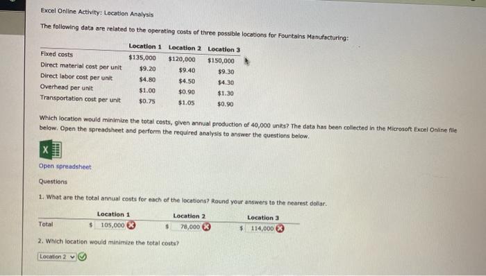  Excel Online Activity: Location Analysis The following data are related to