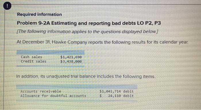  Required information Problem 9-2A Estimating and reporting bad debts LO P2,