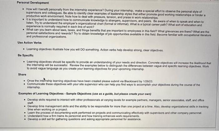internship. Questions to Ask Learning Objectives Assignment - Due 1/29/23 Learning Objectives