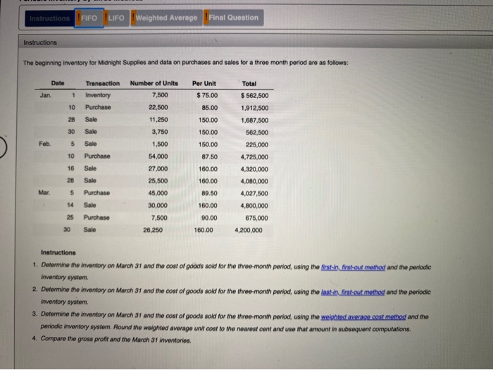  Instructions FIFO LIFO Weighted Average Final Question Instructions The beginning inventory