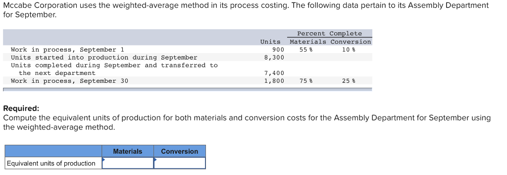  Mccabe Corporation uses the weighted-average method in its process costing. The