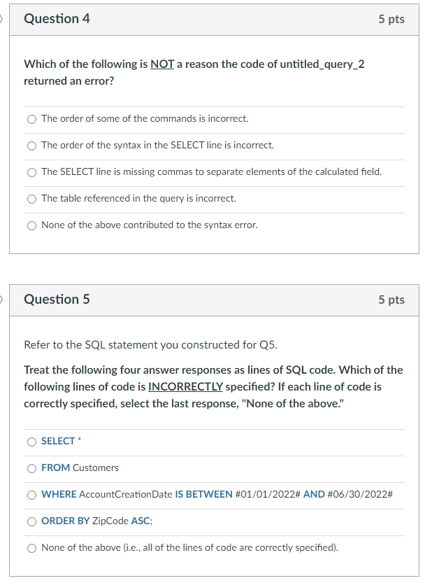 error is returned. The code for this query is as follows: SELECTWHEREFROMSalesTaxTotalASSum(SaleDetails.TotalAmount*0.0775)SaleDetails.SaleDateBETWEEN#07/01/2022#AND#07/31/2022#SaleDetails;